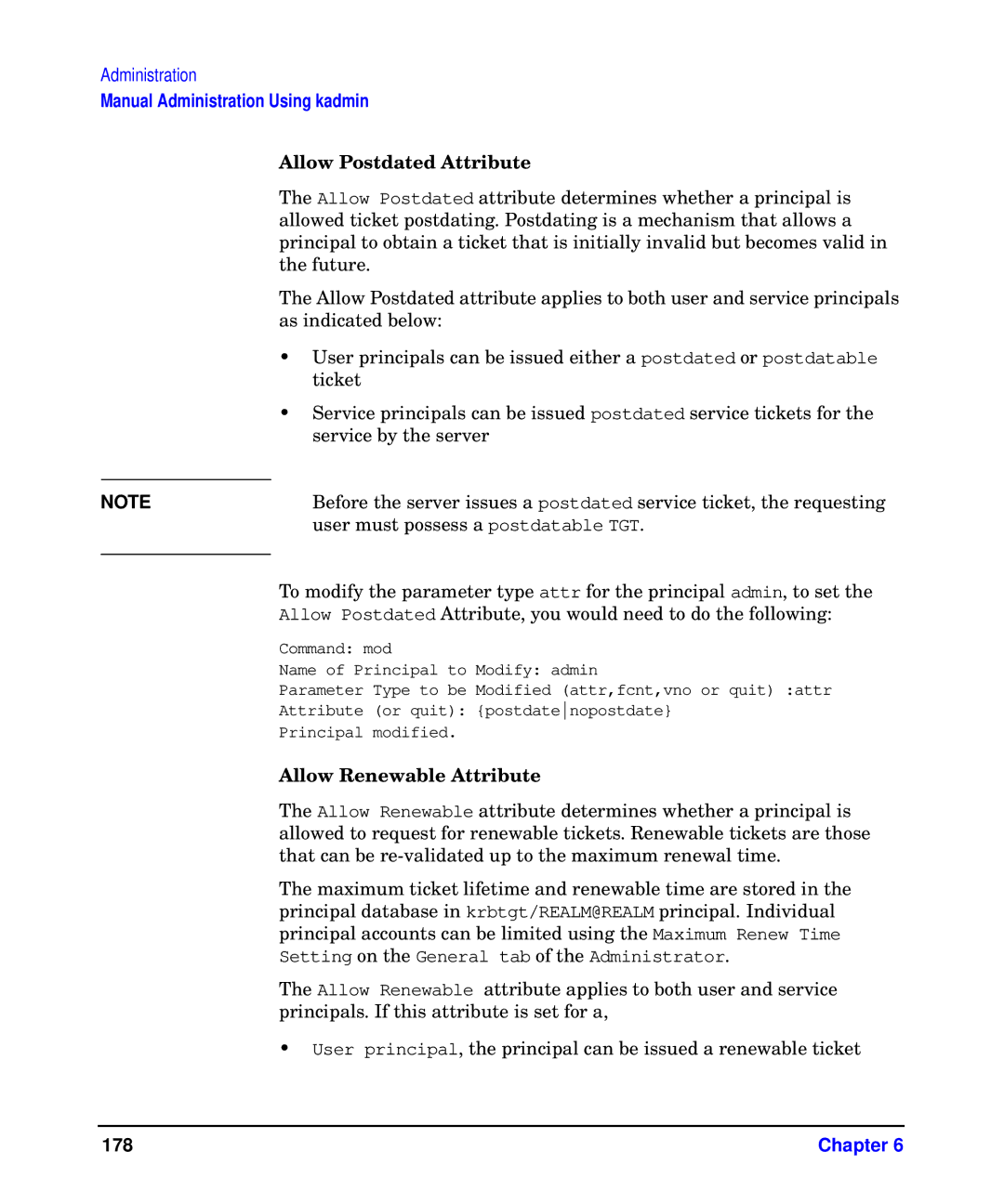 HP UX Kerberos Data Security Software manual Allow Postdated Attribute, Allow Renewable Attribute 
