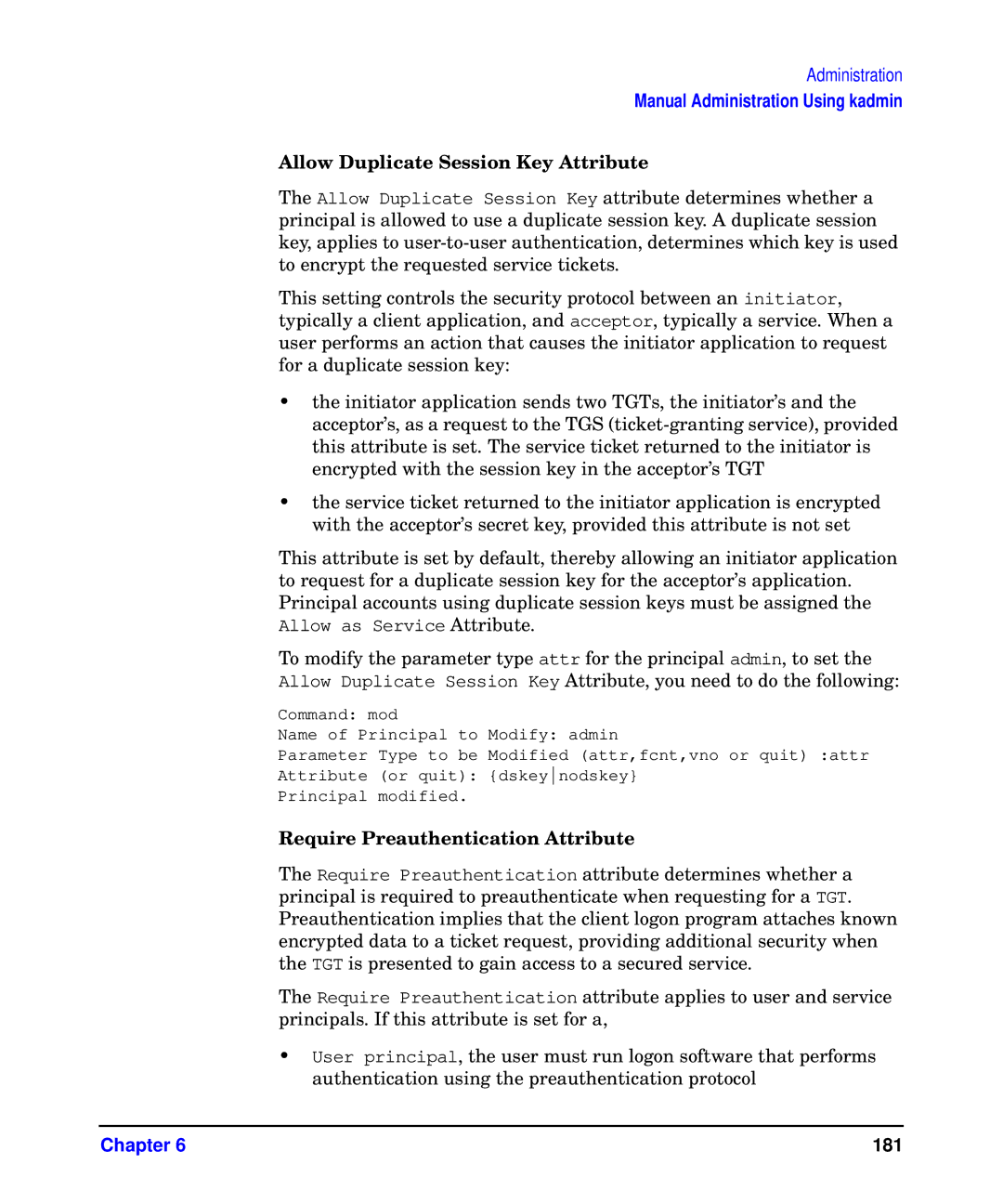 HP UX Kerberos Data Security Software manual Allow Duplicate Session Key Attribute, Require Preauthentication Attribute 