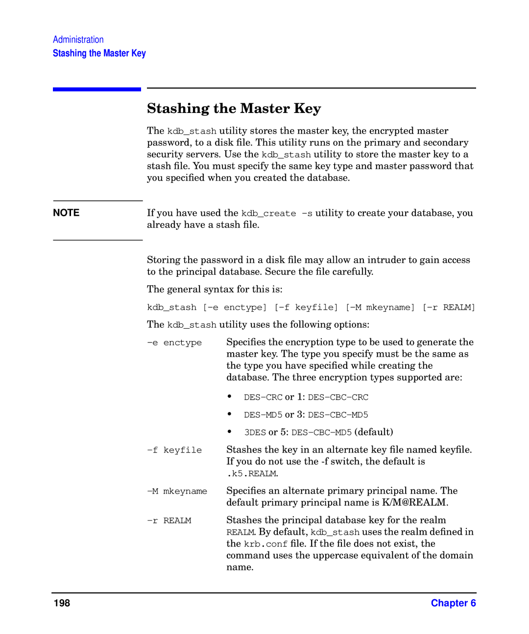 HP UX Kerberos Data Security Software manual Stashing the Master Key 