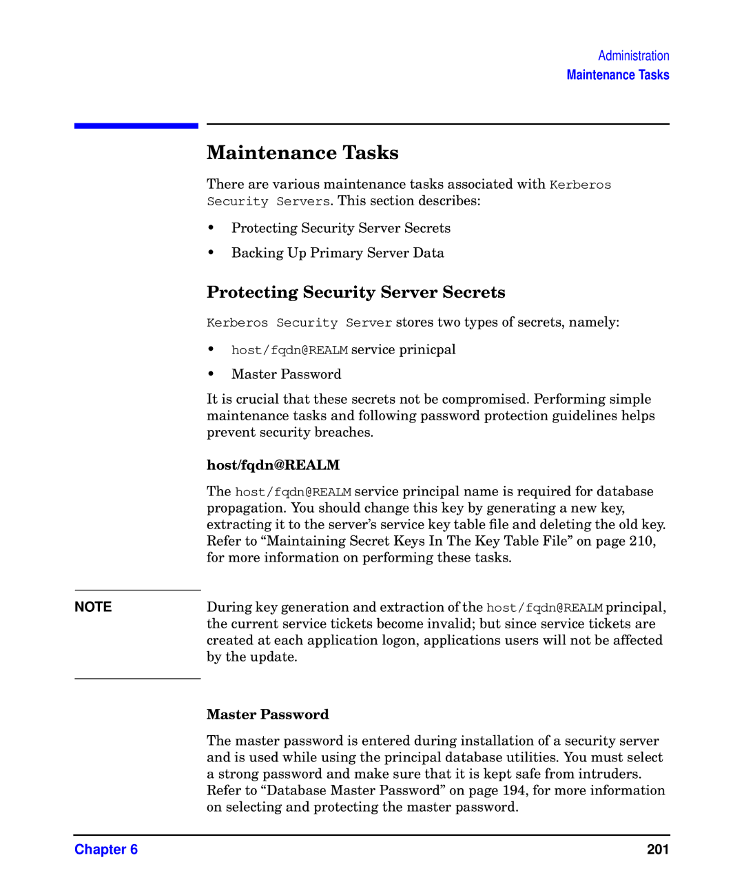 HP UX Kerberos Data Security Software manual Maintenance Tasks, Protecting Security Server Secrets, Host/fqdn@REALM 