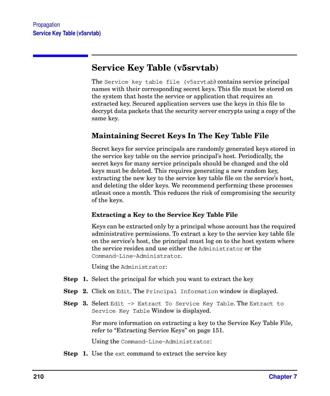 HP UX Kerberos Data Security Software manual Service Key Table v5srvtab, Maintaining Secret Keys In The Key Table File 