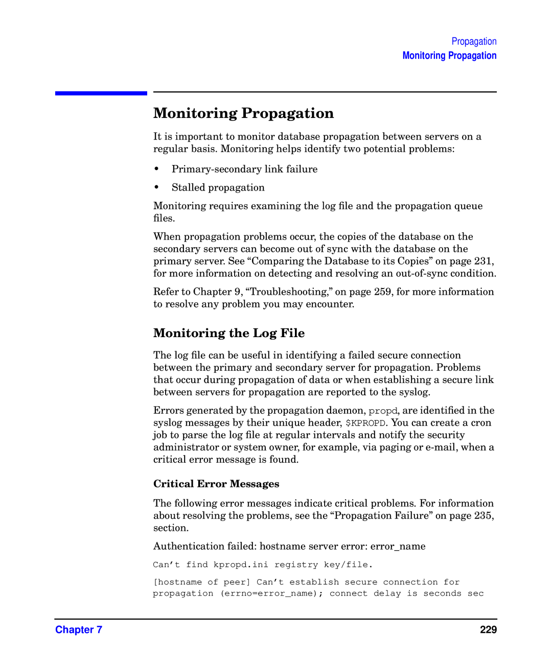 HP UX Kerberos Data Security Software manual Monitoring Propagation, Monitoring the Log File, Critical Error Messages 