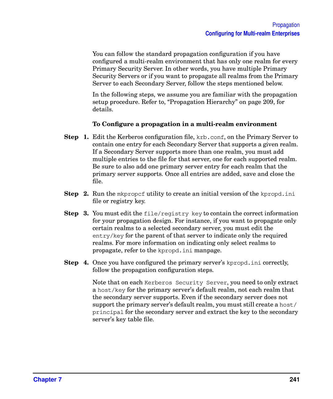 HP UX Kerberos Data Security Software manual To Conﬁgure a propagation in a multi-realm environment, Step 