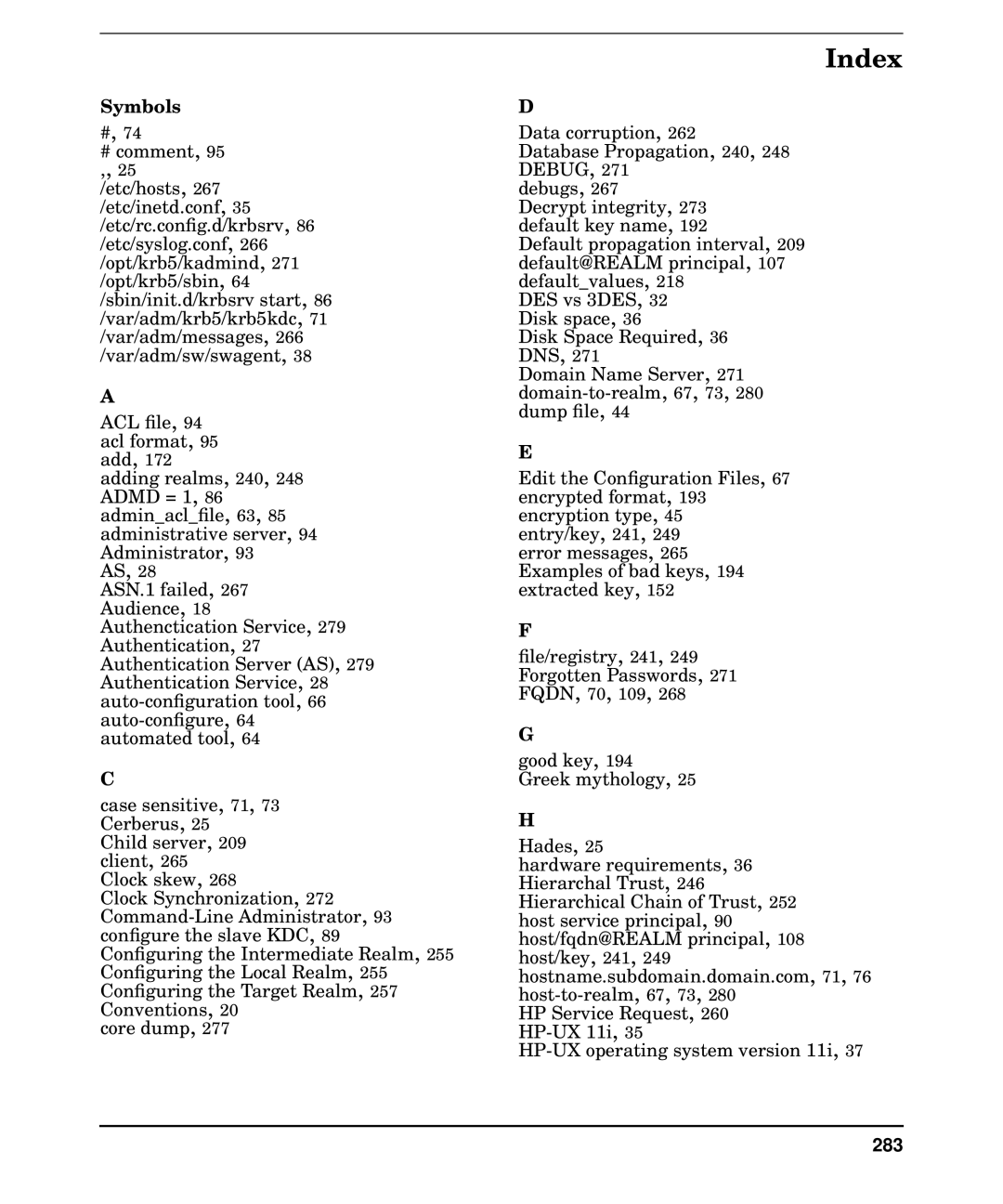 HP UX Kerberos Data Security Software manual Index, Symbols 