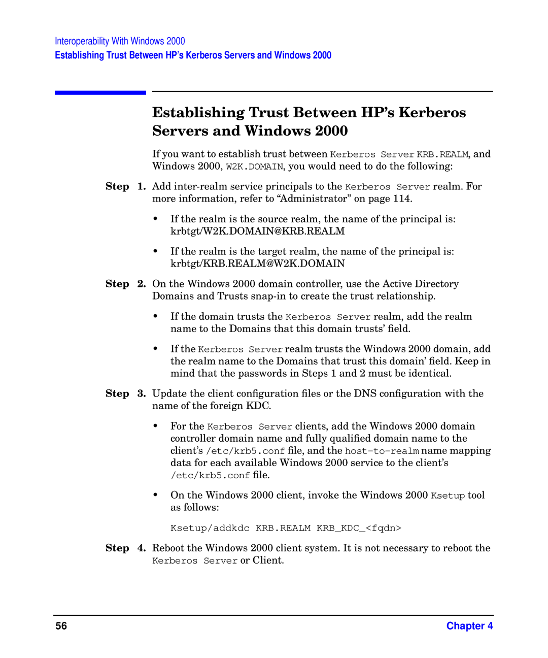 HP UX Kerberos Data Security Software manual Establishing Trust Between HP’s Kerberos Servers and Windows 