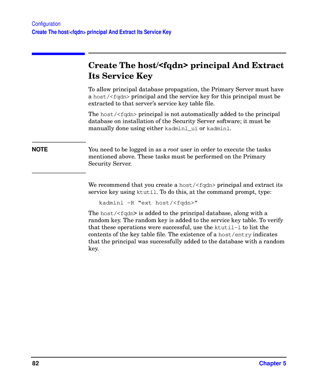 HP UX Kerberos Data Security Software manual Create The host/fqdn principal And Extract Its Service Key 