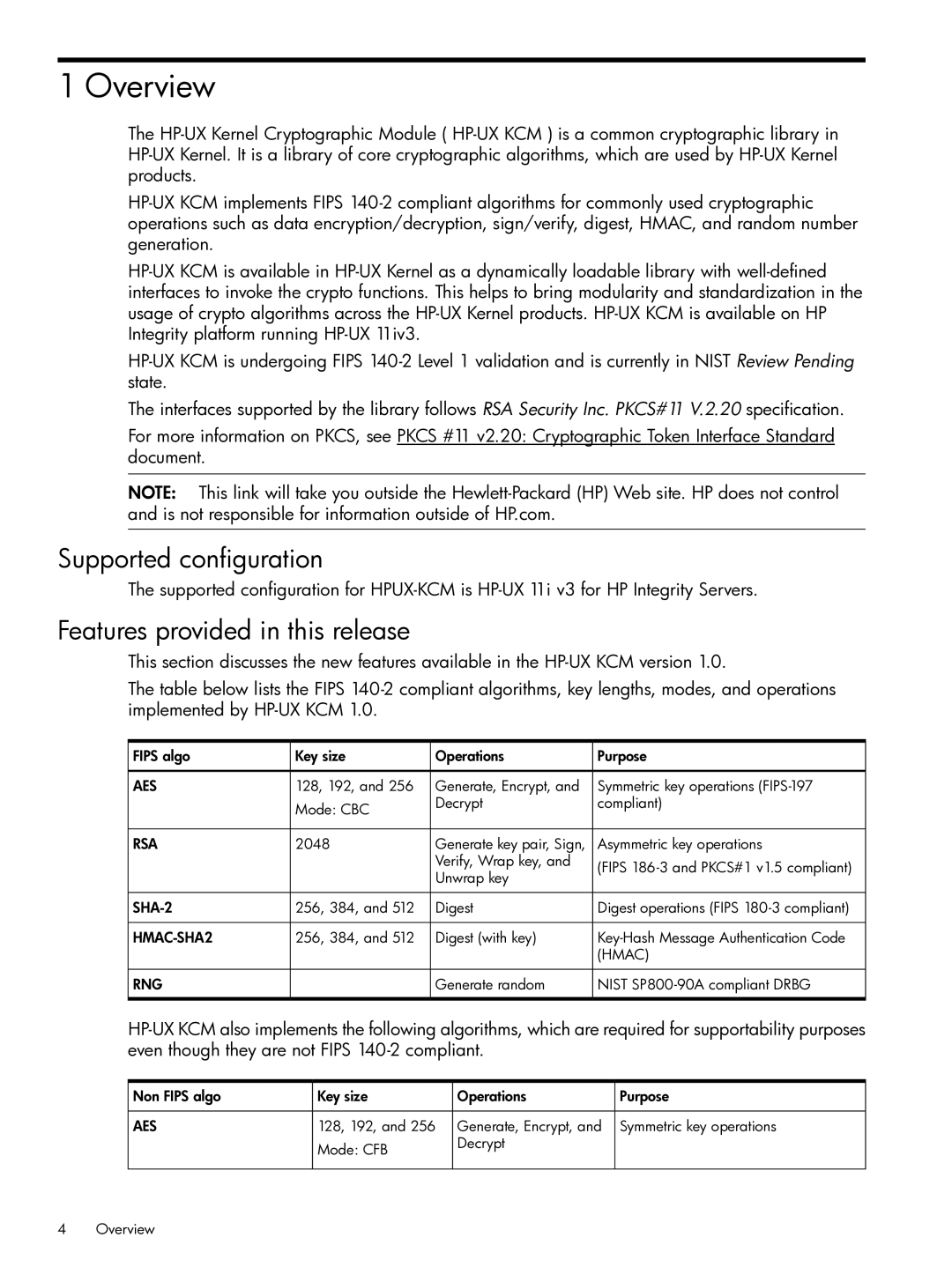 HP UX Kernel Cryptographic Module (KCM) manual Overview, Supported configuration, Features provided in this release 