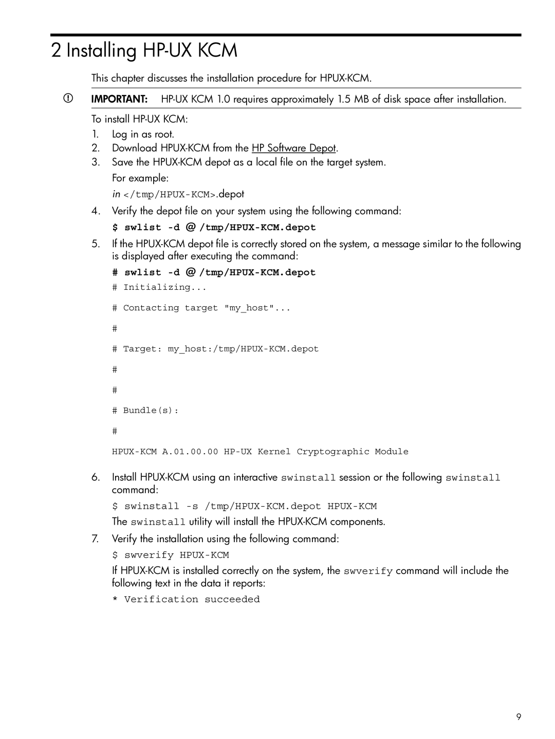 HP UX Kernel Cryptographic Module (KCM) manual Installing HP-UX KCM, tmp/HPUX-KCM.depot 