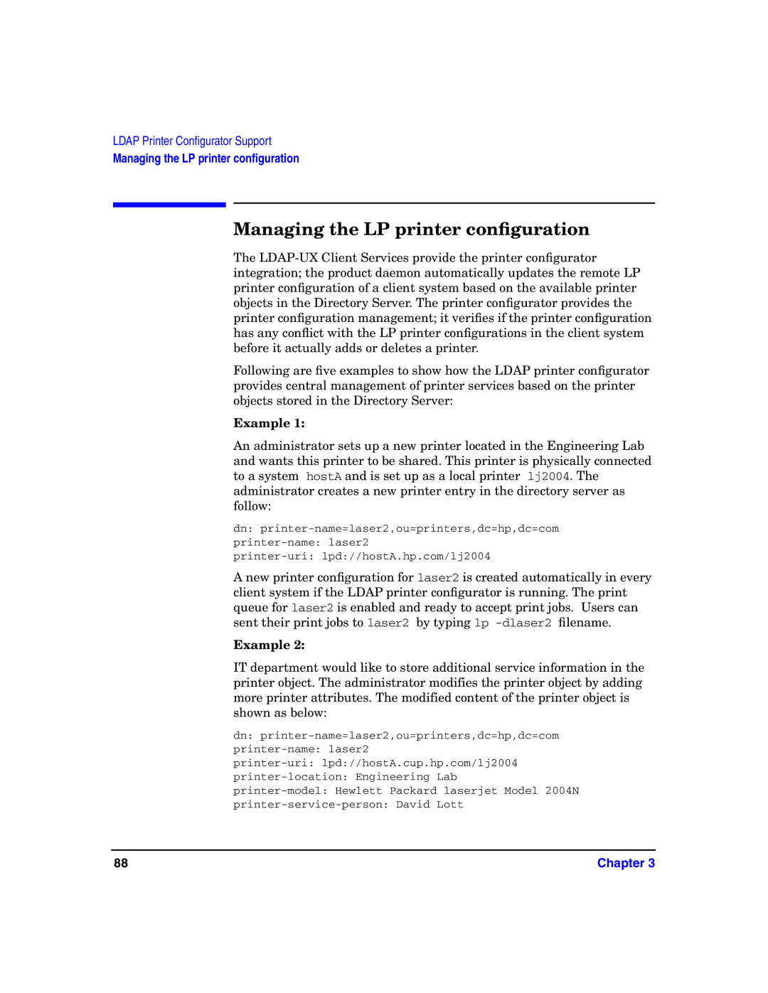 HP UX LDAP-UX Integration Software manual Managing the LP printer conﬁguration, Example 