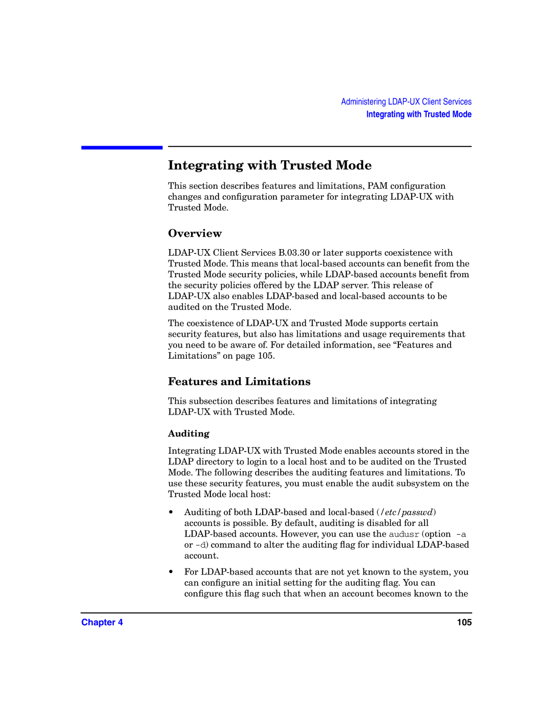 HP UX LDAP-UX Integration Software manual Integrating with Trusted Mode, Features and Limitations, Auditing 