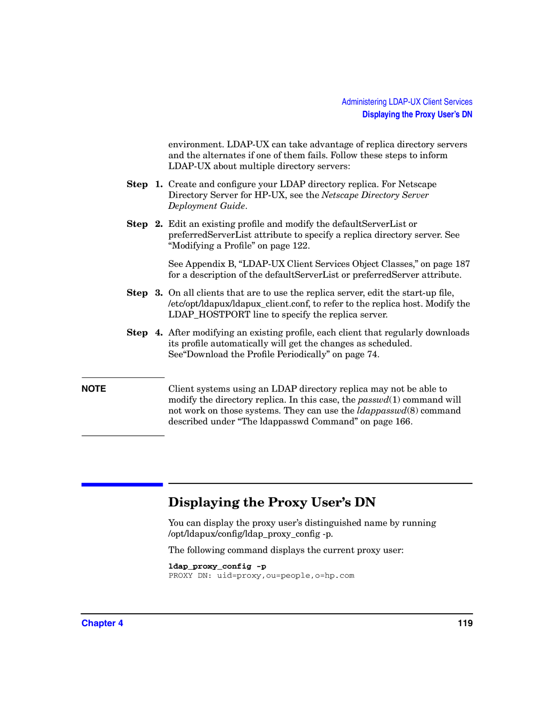 HP UX LDAP-UX Integration Software manual Displaying the Proxy User’s DN 