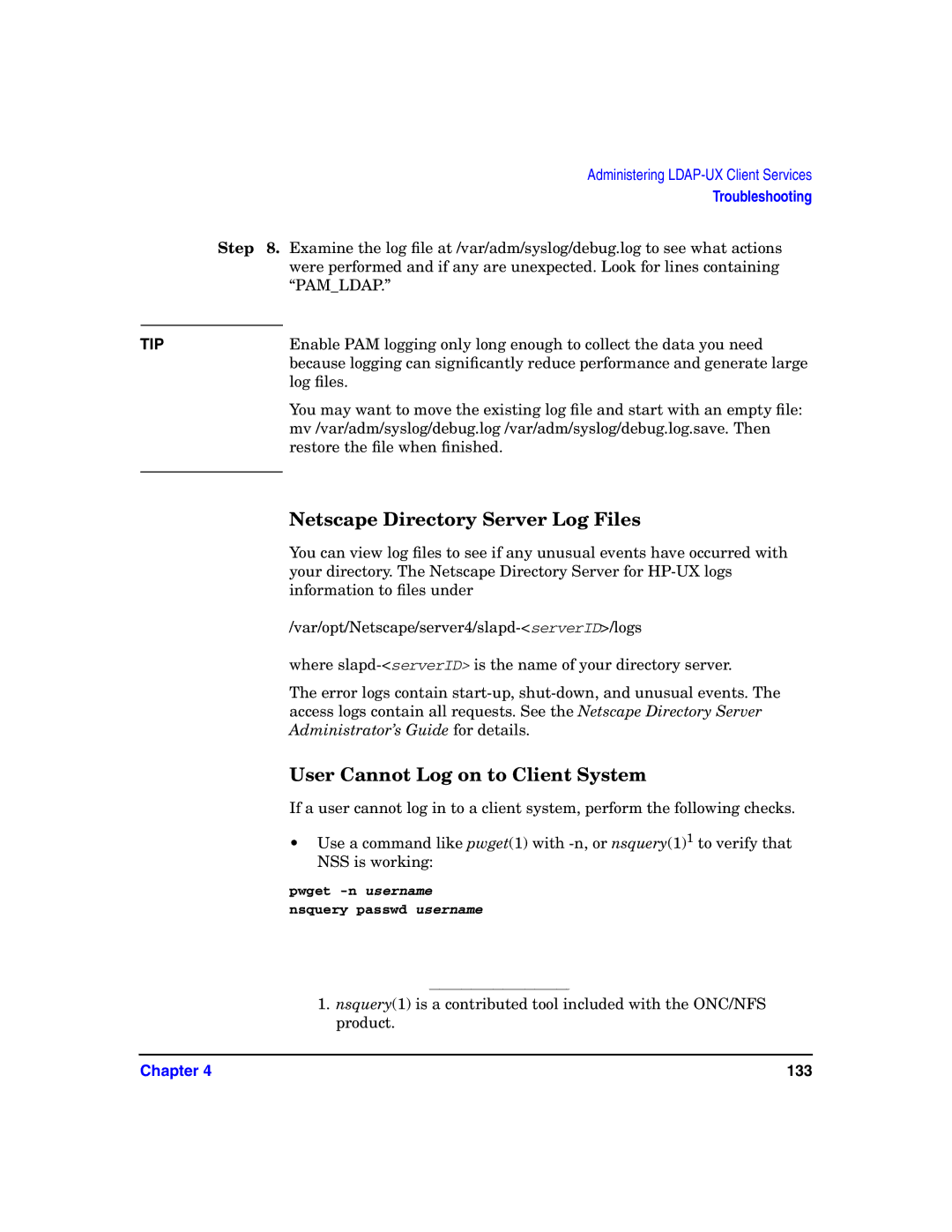 HP UX LDAP-UX Integration Software manual Netscape Directory Server Log Files, User Cannot Log on to Client System 