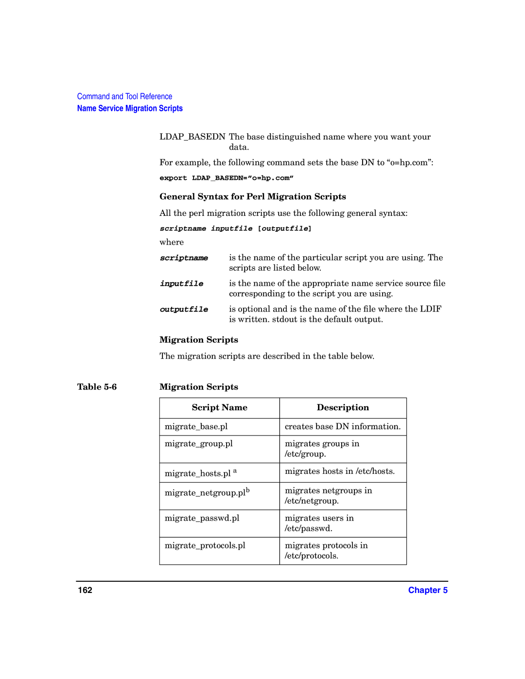 HP UX LDAP-UX Integration Software General Syntax for Perl Migration Scripts, Migration Scripts Script Name Description 