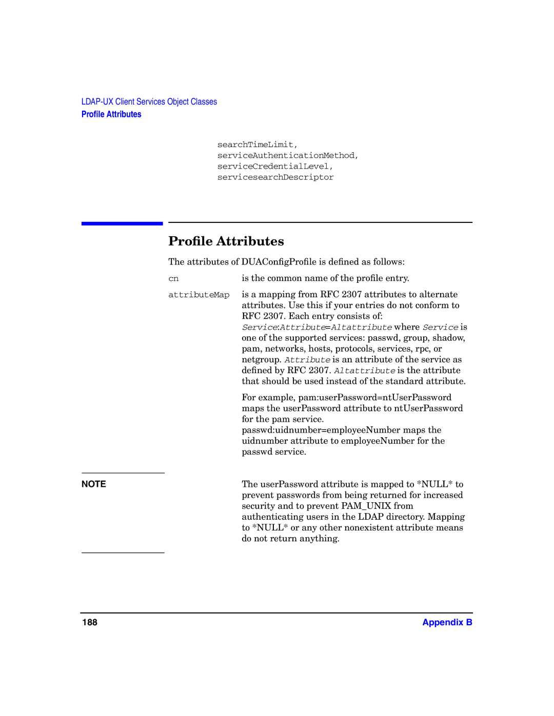 HP UX LDAP-UX Integration Software manual Proﬁle Attributes, Appendix B 