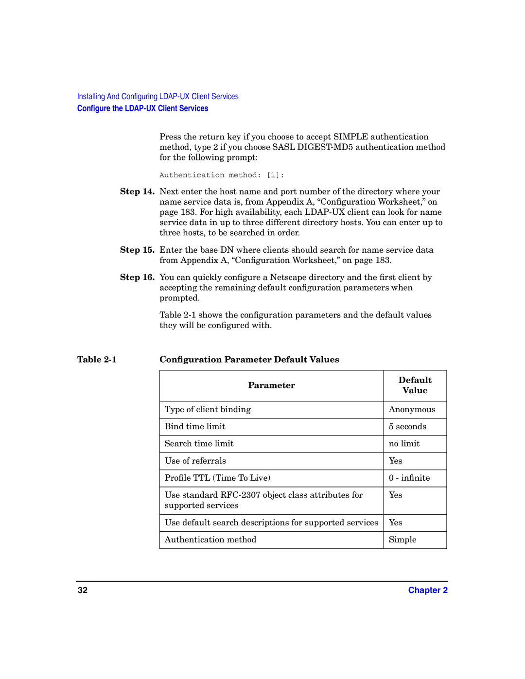 HP UX LDAP-UX Integration Software manual Conﬁguration Parameter Default Values 