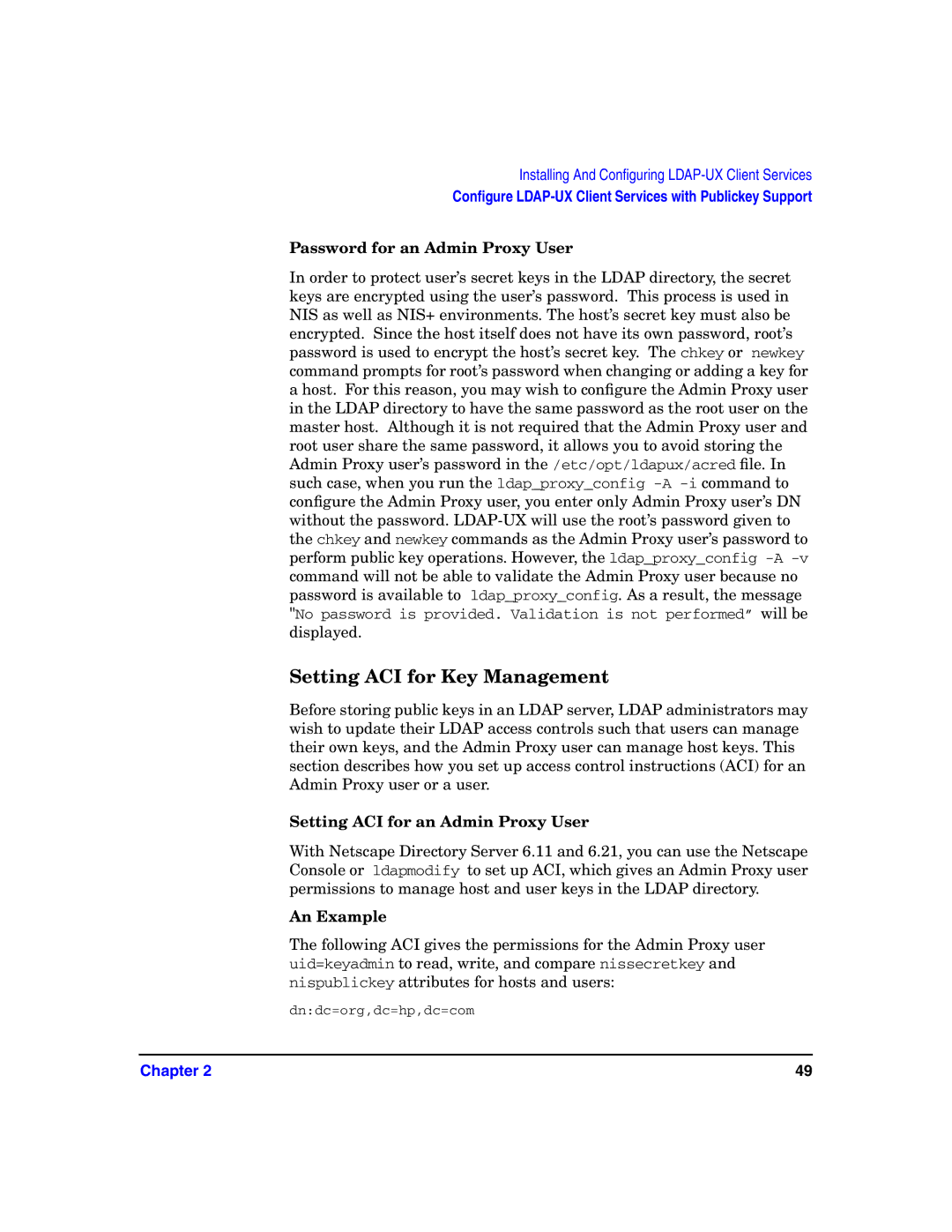 HP UX LDAP-UX Integration Software manual Setting ACI for Key Management, Password for an Admin Proxy User, An Example 