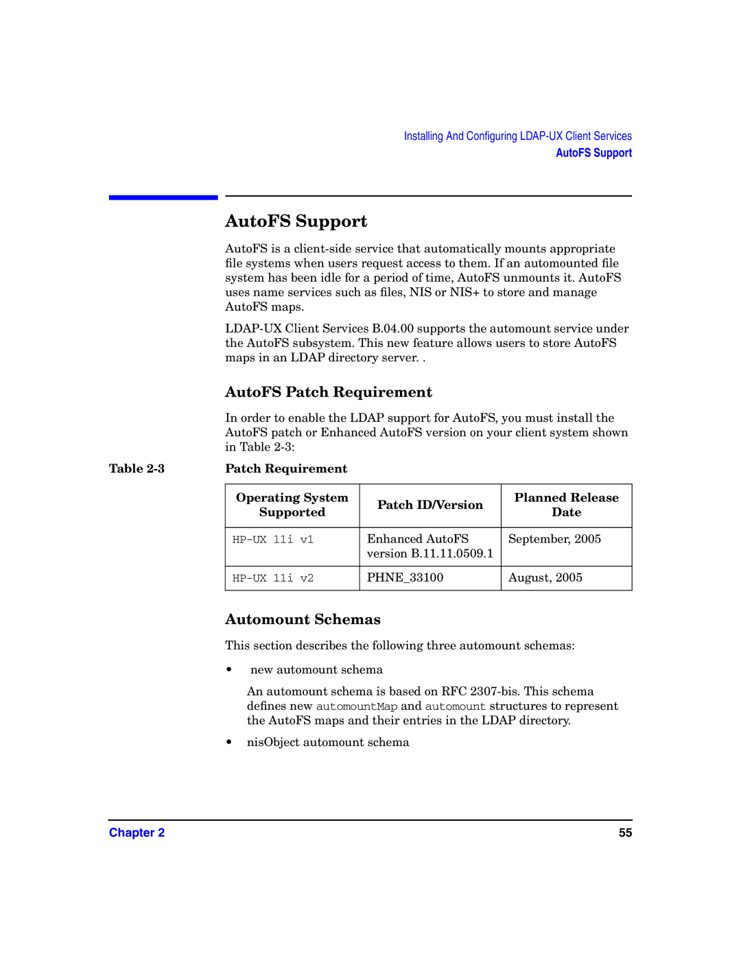 HP UX LDAP-UX Integration Software manual AutoFS Support, AutoFS Patch Requirement, Automount Schemas 