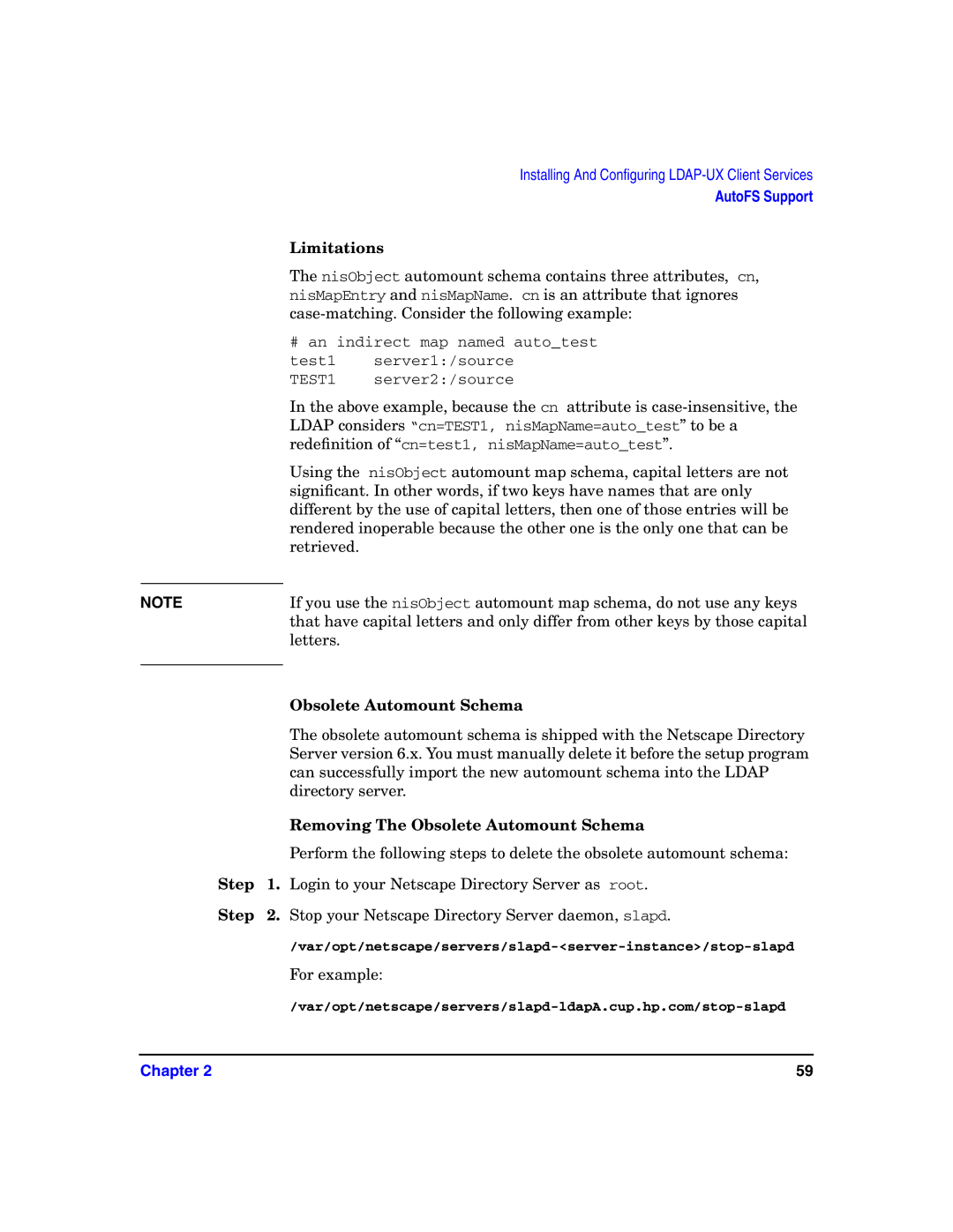 HP UX LDAP-UX Integration Software manual Limitations, Removing The Obsolete Automount Schema 