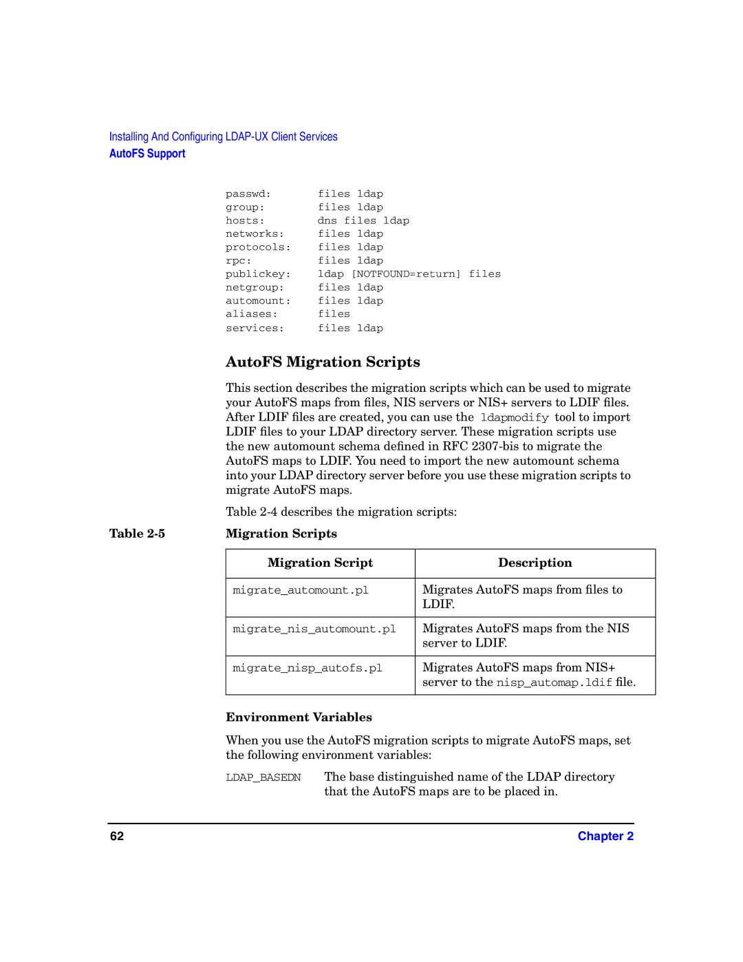 HP UX LDAP-UX Integration Software manual AutoFS Migration Scripts, Migration Scripts Description, Environment Variables 