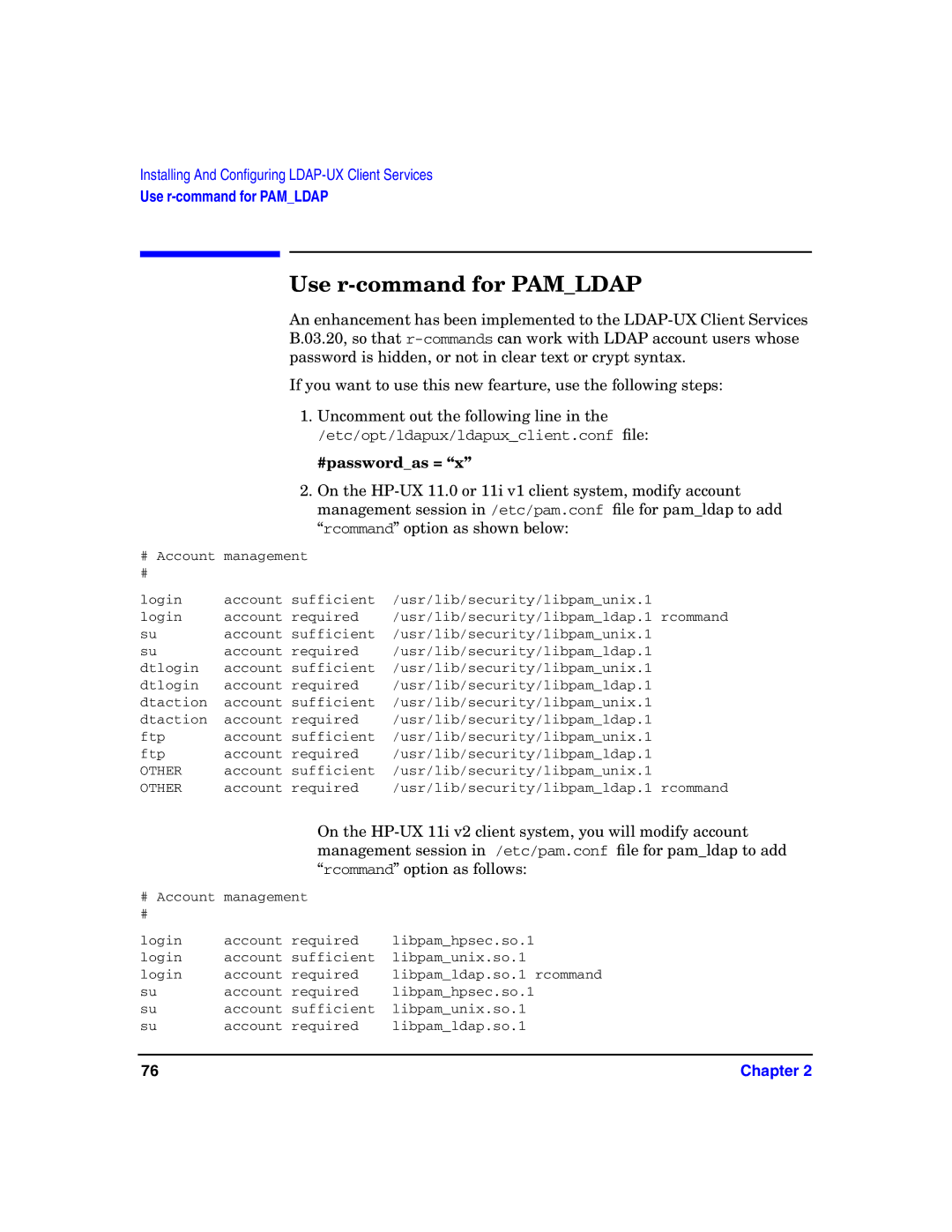 HP UX LDAP-UX Integration Software manual Use r-command for Pamldap, #passwordas = 