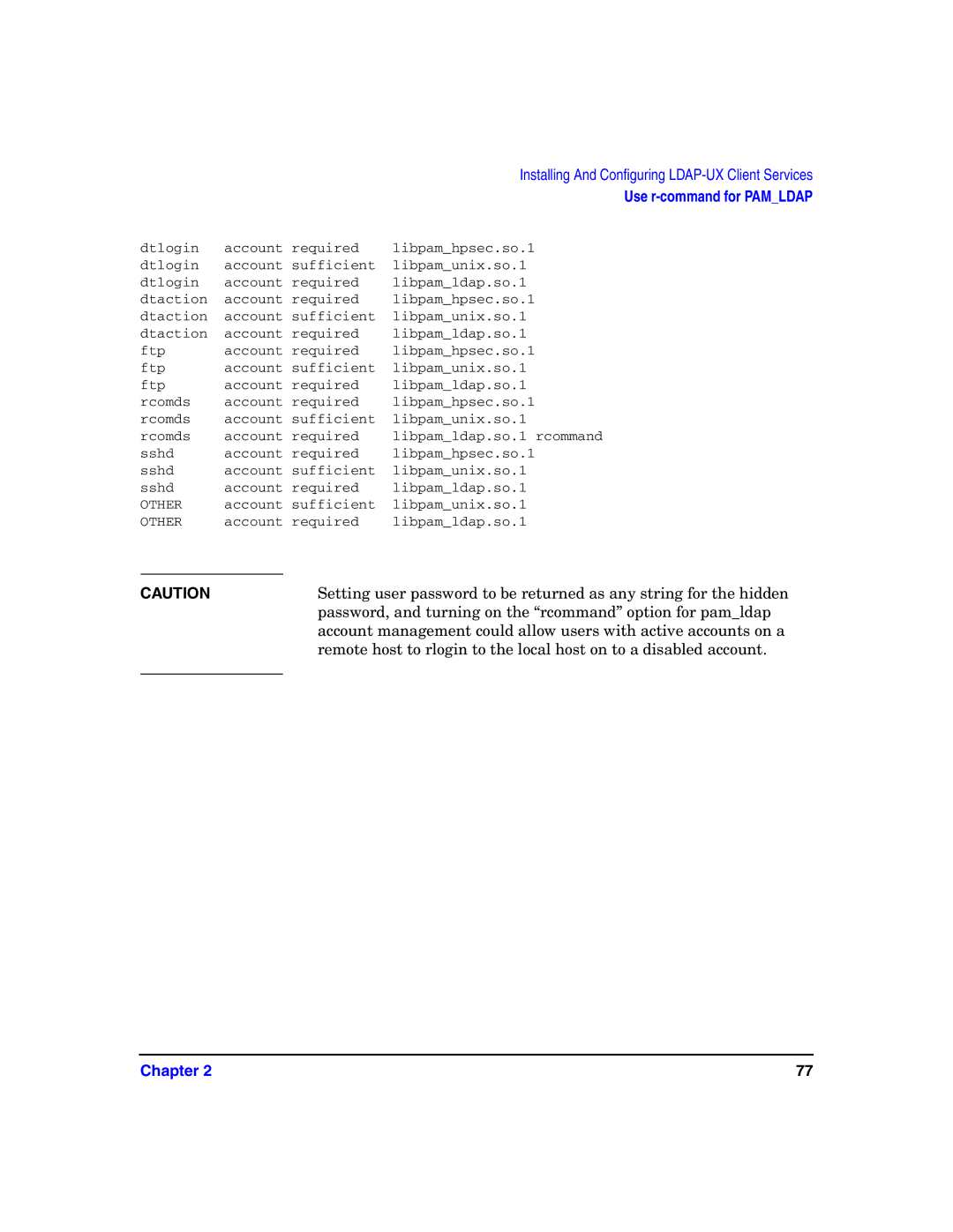 HP UX LDAP-UX Integration Software manual Password, and turning on the rcommand option for pamldap 