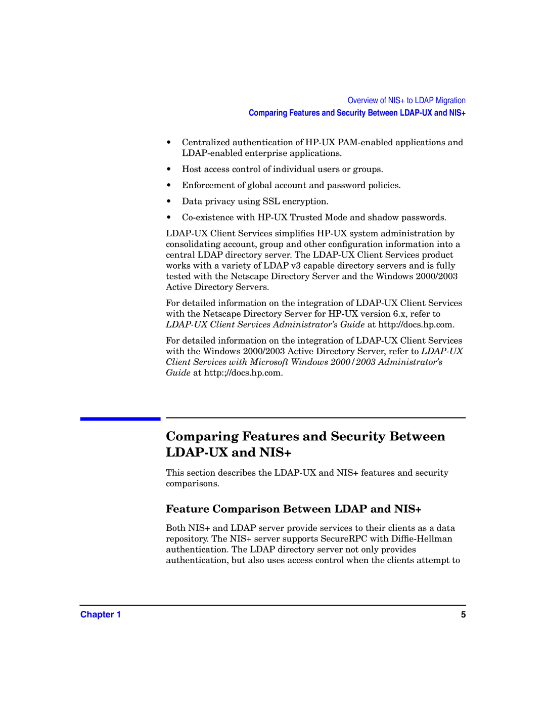 HP UX LDAP-UX Integration Software manual Comparing Features and Security Between LDAP-UX and NIS+ 