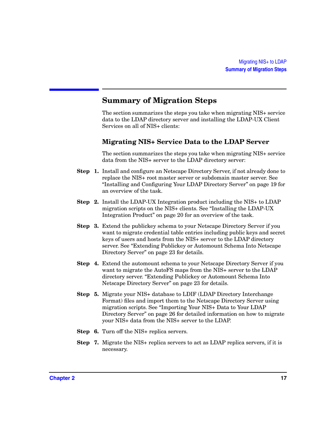 HP UX LDAP-UX Integration Software manual Summary of Migration Steps, Migrating NIS+ Service Data to the Ldap Server 