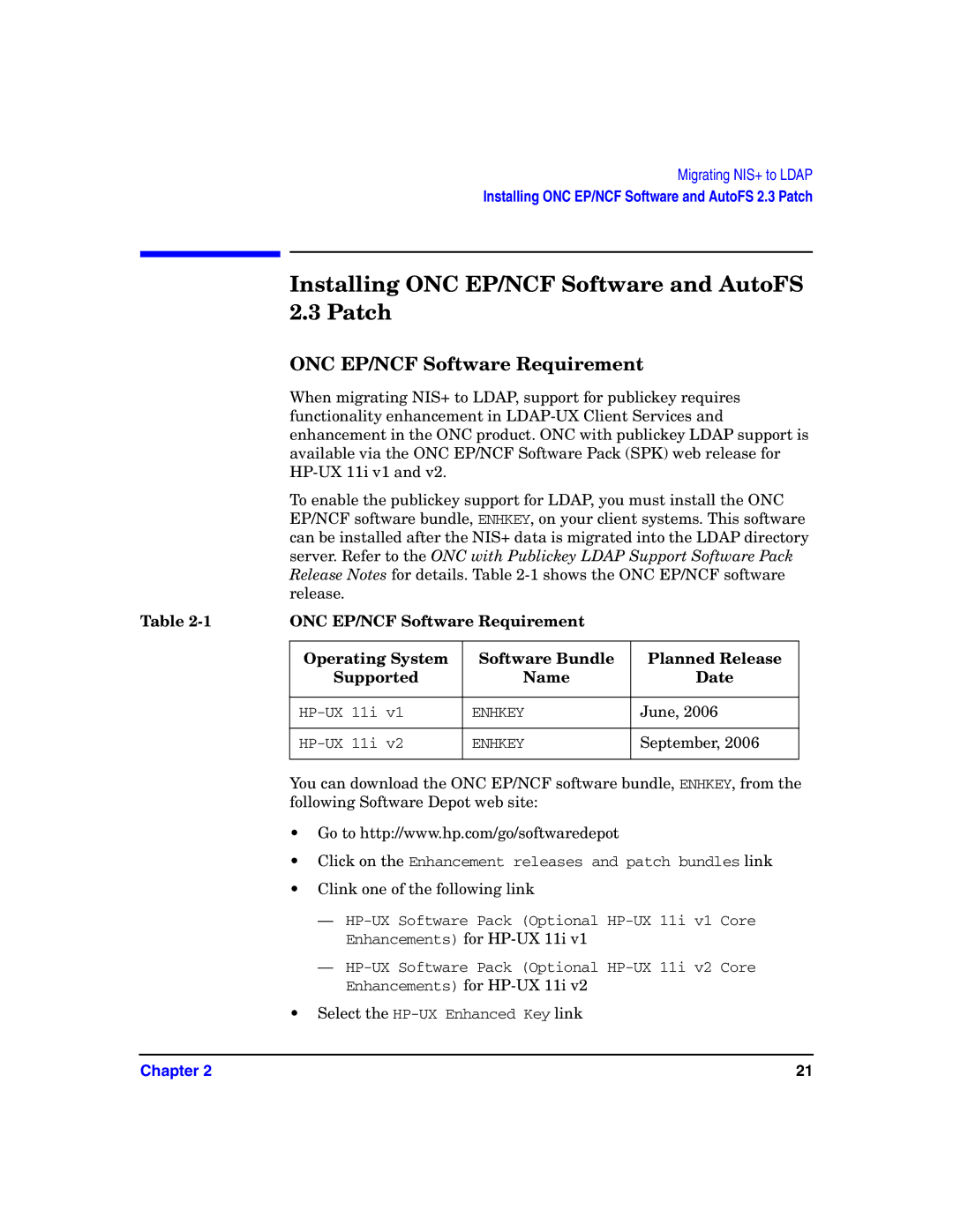 HP UX LDAP-UX Integration Software Installing ONC EP/NCF Software and AutoFS 2.3 Patch, ONC EP/NCF Software Requirement 