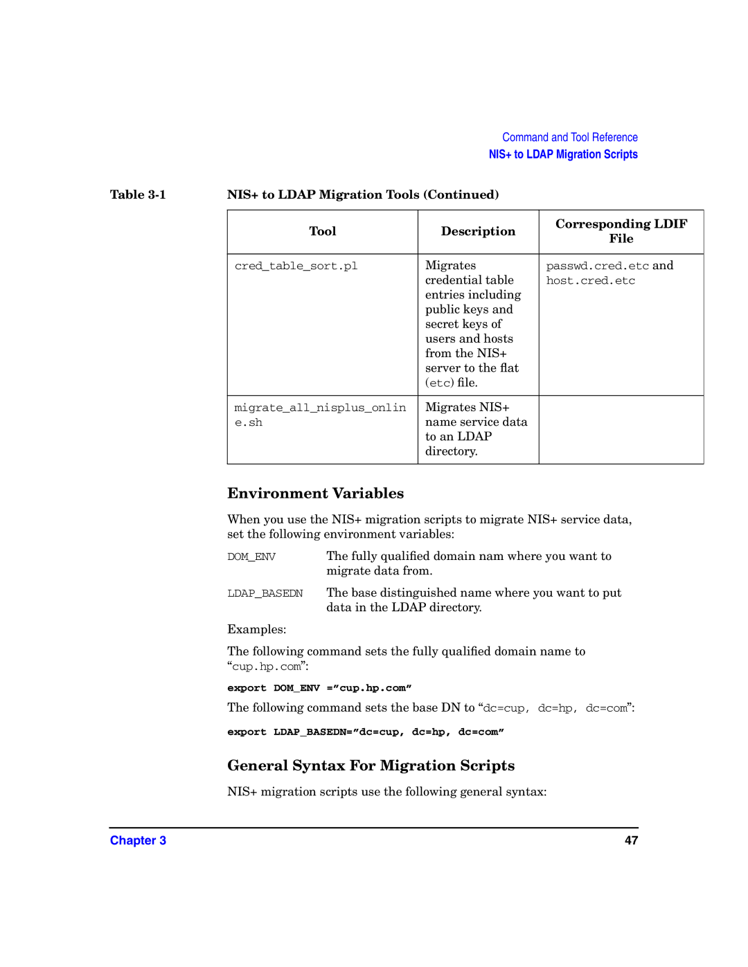 HP UX LDAP-UX Integration Software manual Environment Variables, General Syntax For Migration Scripts 