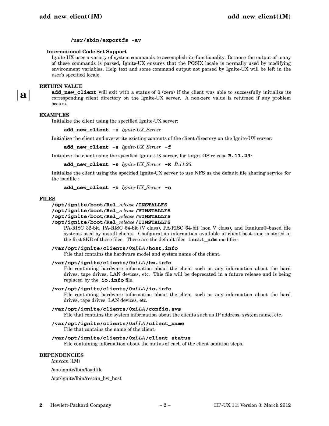 HP UX Manpages manual Usr/sbin/exportfs -av, Addnewclient -s Ignite-UXServer-n, Var/opt/ignite/clients/0xLLA/host.info 