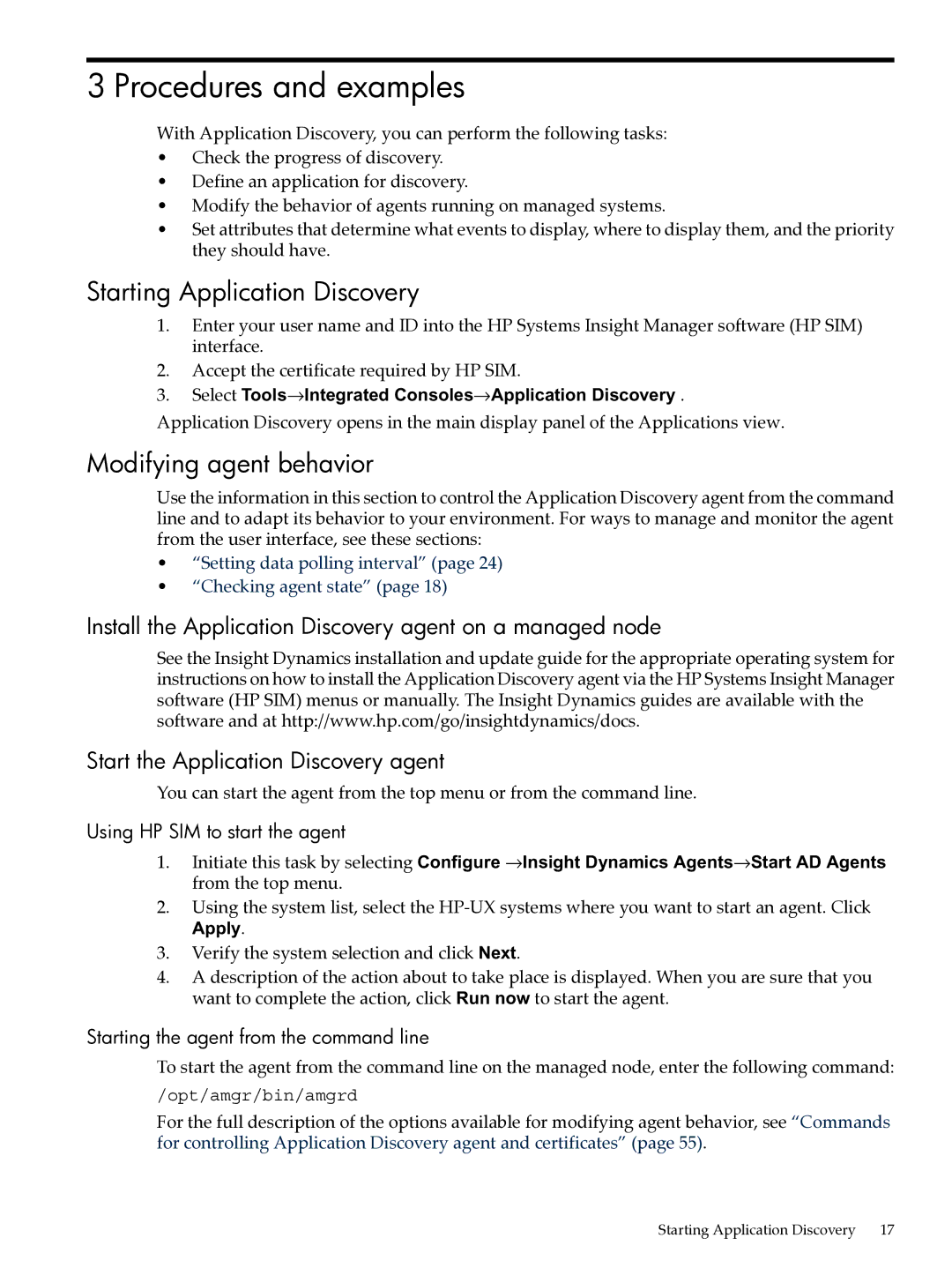 HP UX Matrix Operating EnvIronment manual Procedures and examples, Starting Application Discovery, Modifying agent behavior 