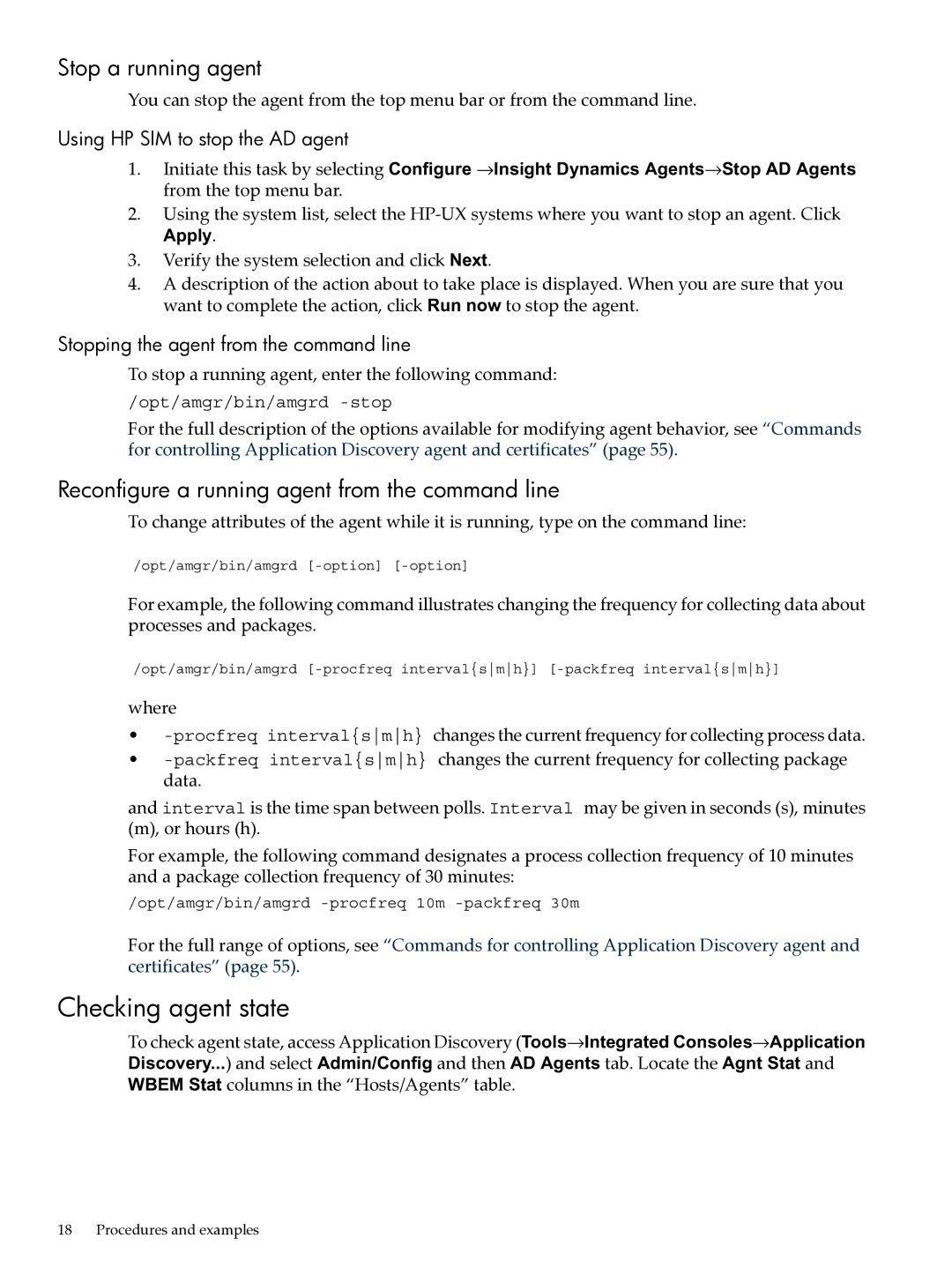 HP UX Matrix Operating EnvIronment manual Checking agent state, Stop a running agent, Using HP SIM to stop the AD agent 