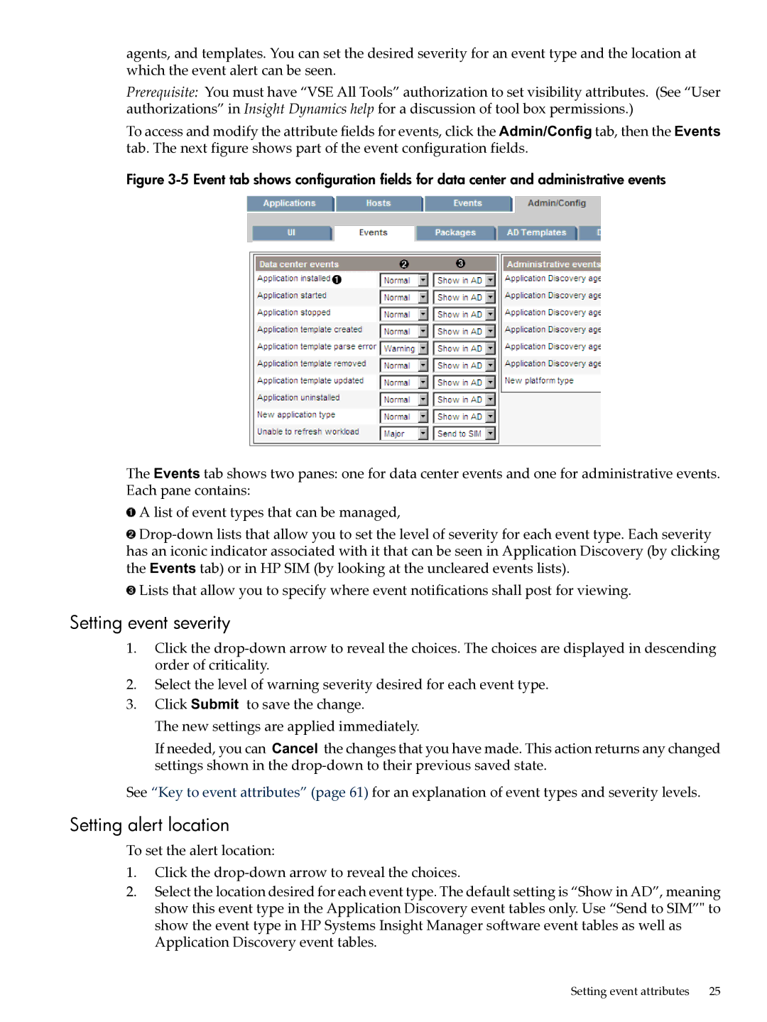 HP UX Matrix Operating EnvIronment manual Setting event severity, Setting alert location 