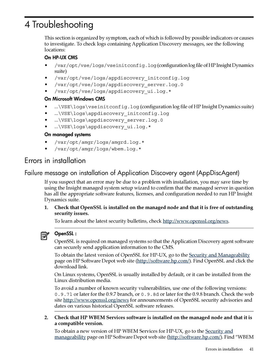 HP UX Matrix Operating EnvIronment manual Troubleshooting, Errors in installation 