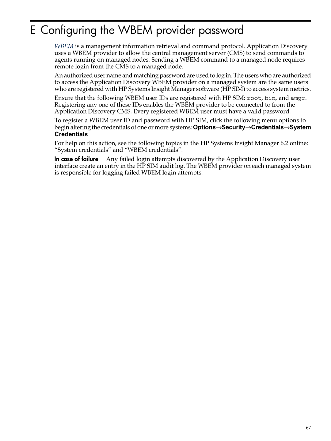 HP UX Matrix Operating EnvIronment manual Configuring the Wbem provider password, Credentials 