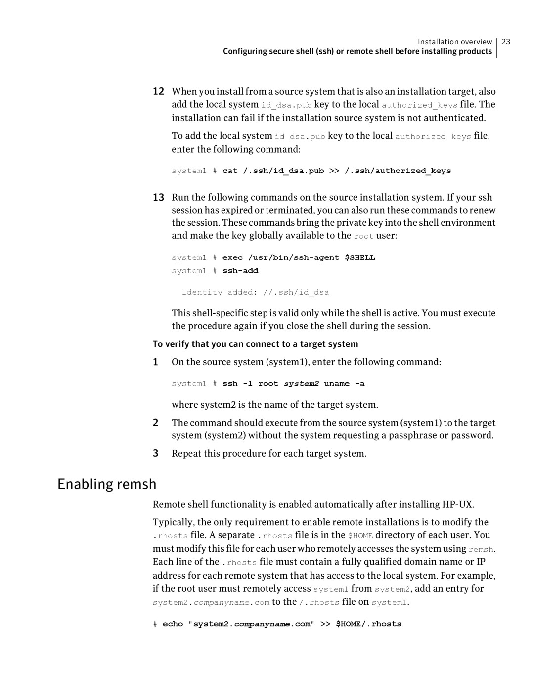 HP UX Operating Systems manual Enabling remsh, Where system2 is the name of the target system 