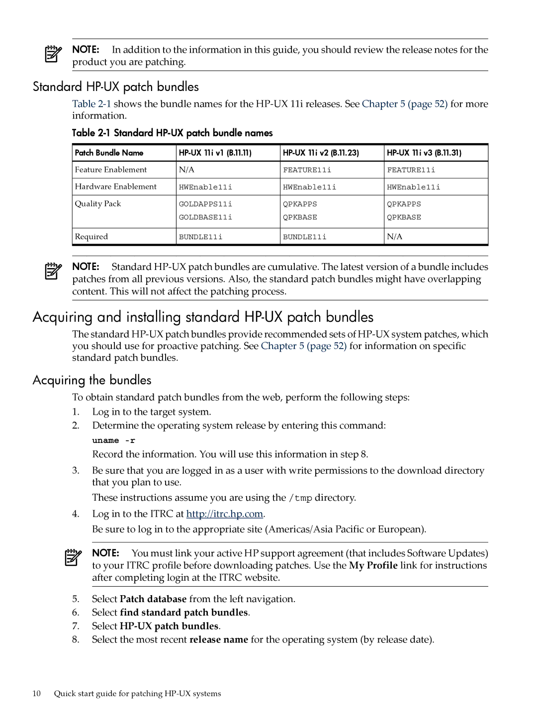 HP UX Patch Management manual Acquiring and installing standard HP-UX patch bundles, Standard HP-UX patch bundles 