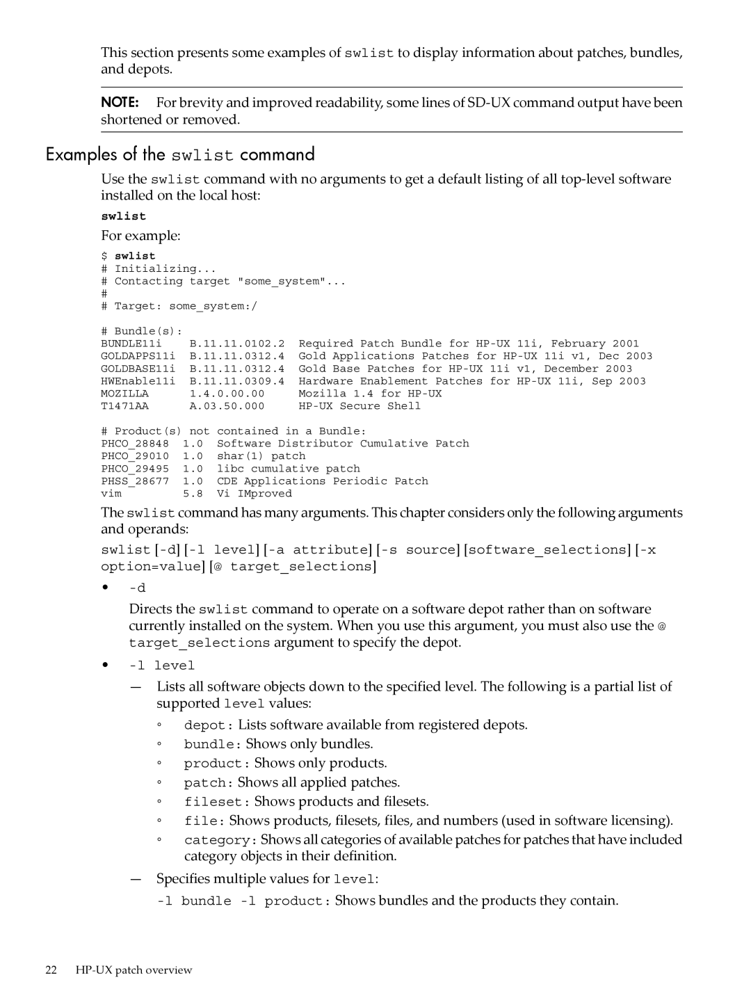 HP UX Patch Management manual Examples of the swlist command, For example 