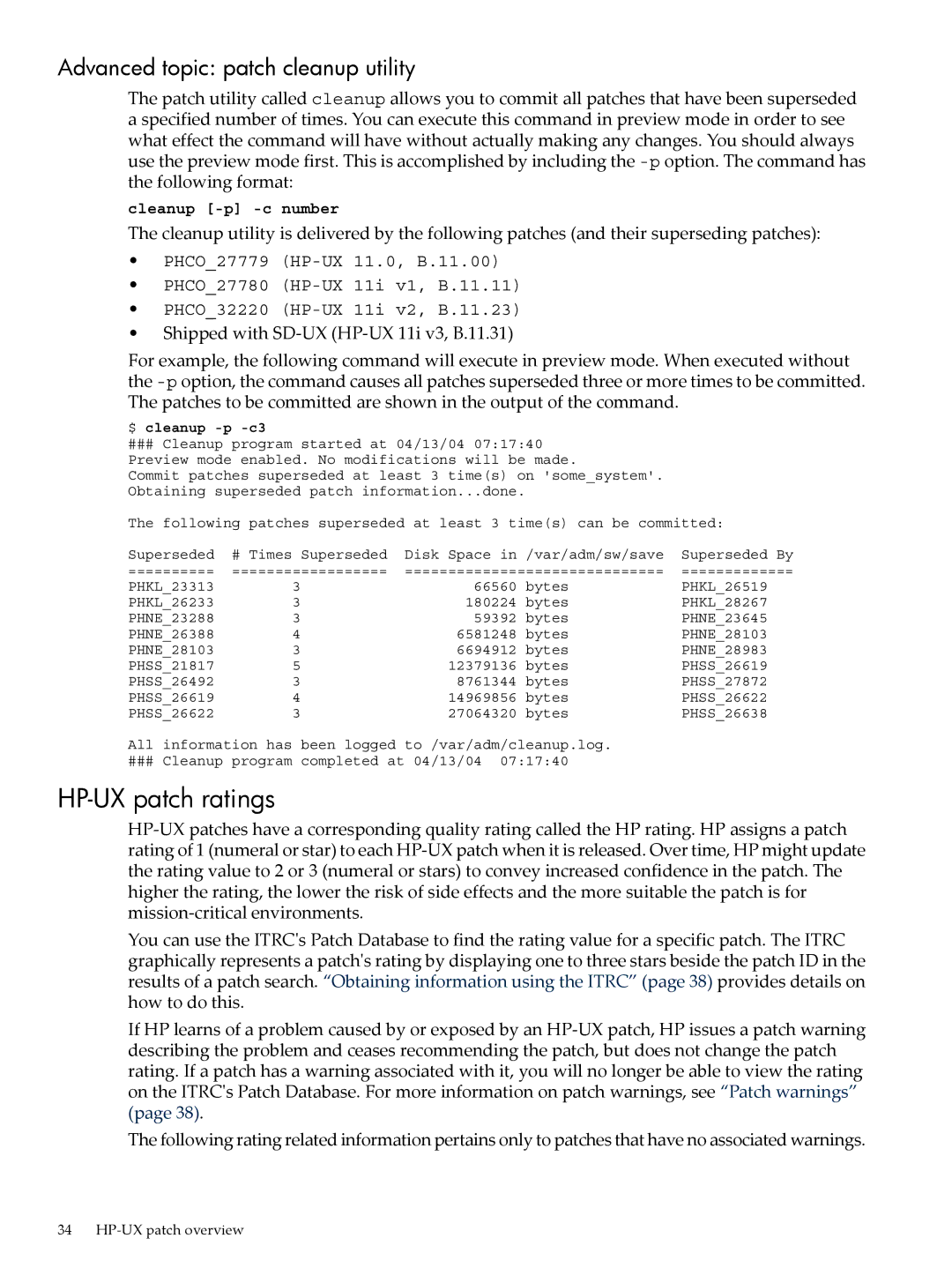 HP UX Patch Management manual HP-UX patch ratings, Advanced topic patch cleanup utility, Cleanup -p -c number 