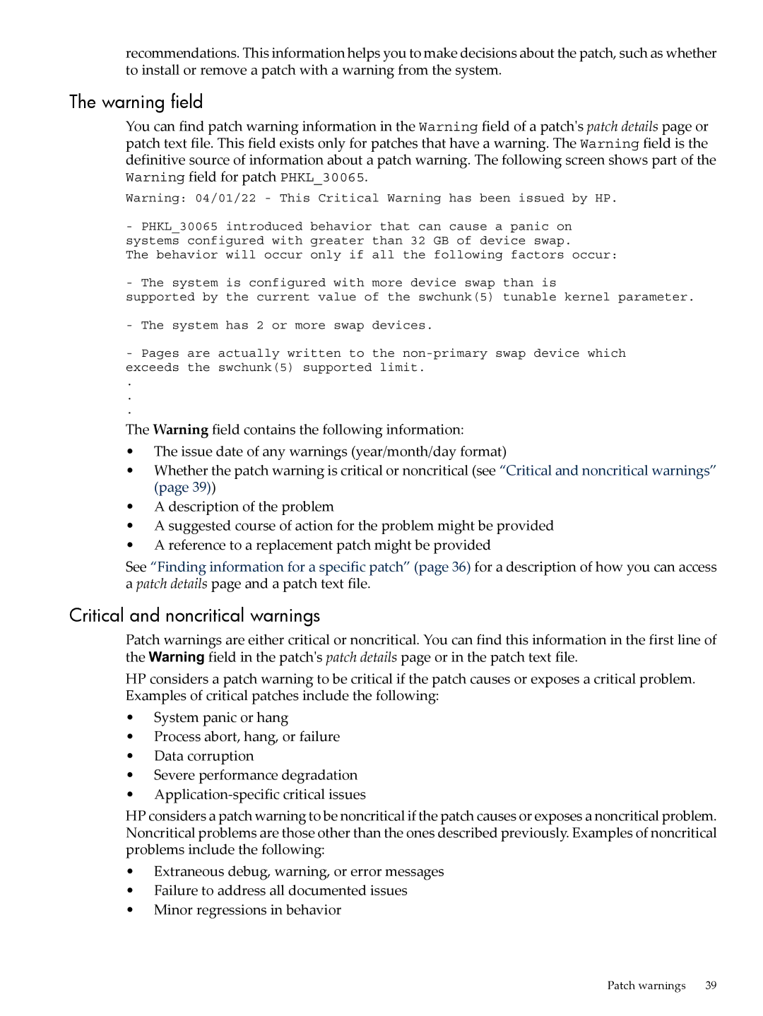 HP UX Patch Management manual Critical and noncritical warnings 