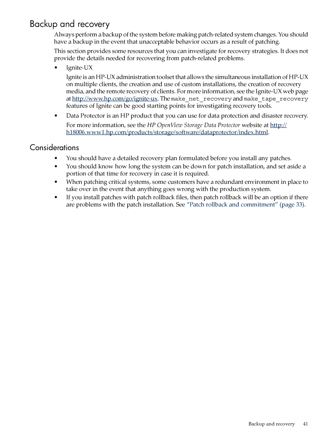 HP UX Patch Management manual Backup and recovery, Considerations 