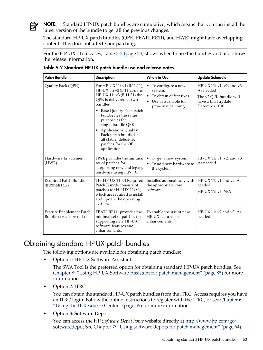 HP UX Patch Management manual Obtaining standard HP-UX patch bundles, Standard HP-UX patch bundle use and release dates 