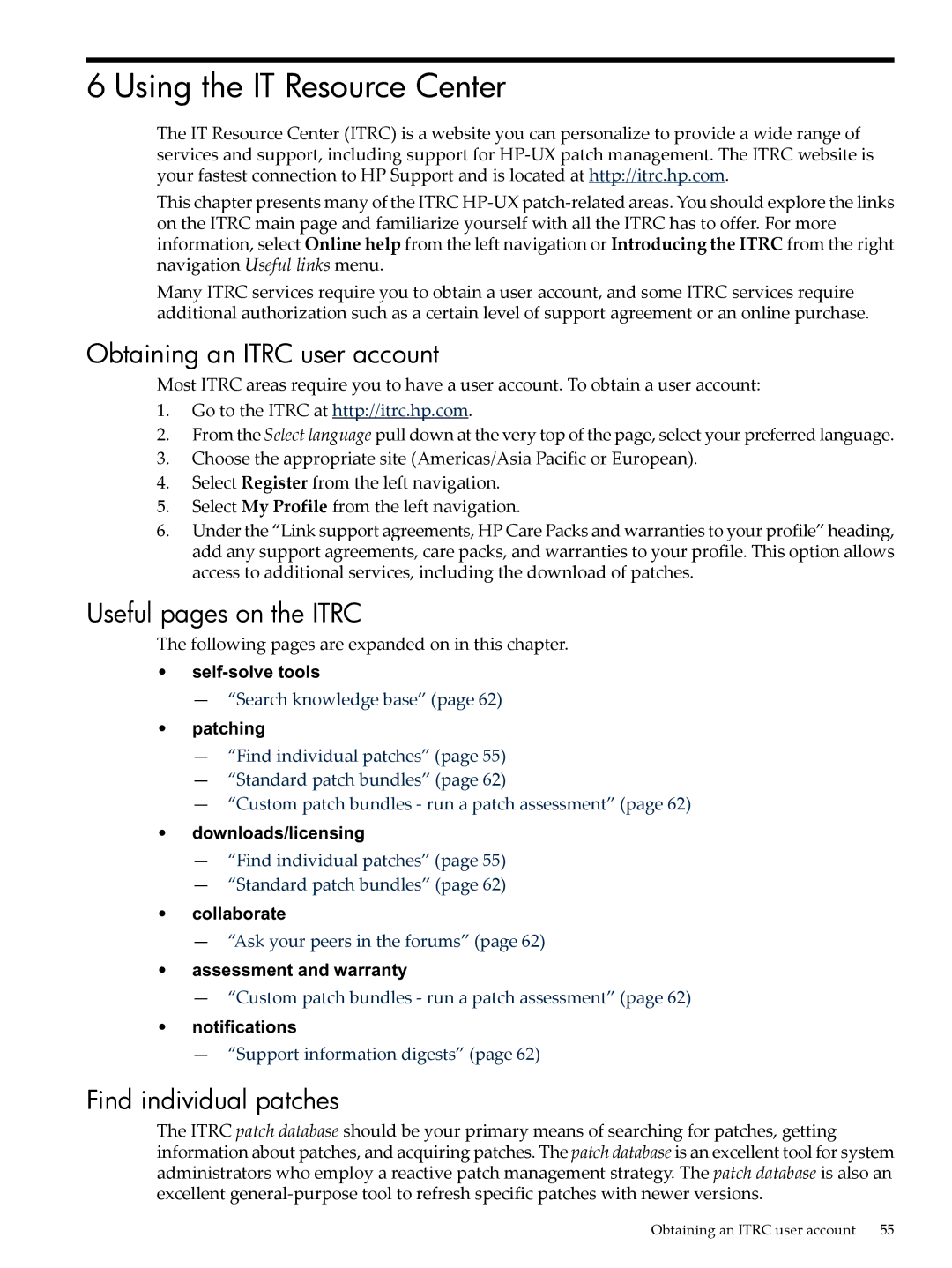 HP UX Patch Management manual Using the IT Resource Center, Obtaining an Itrc user account, Useful pages on the Itrc 