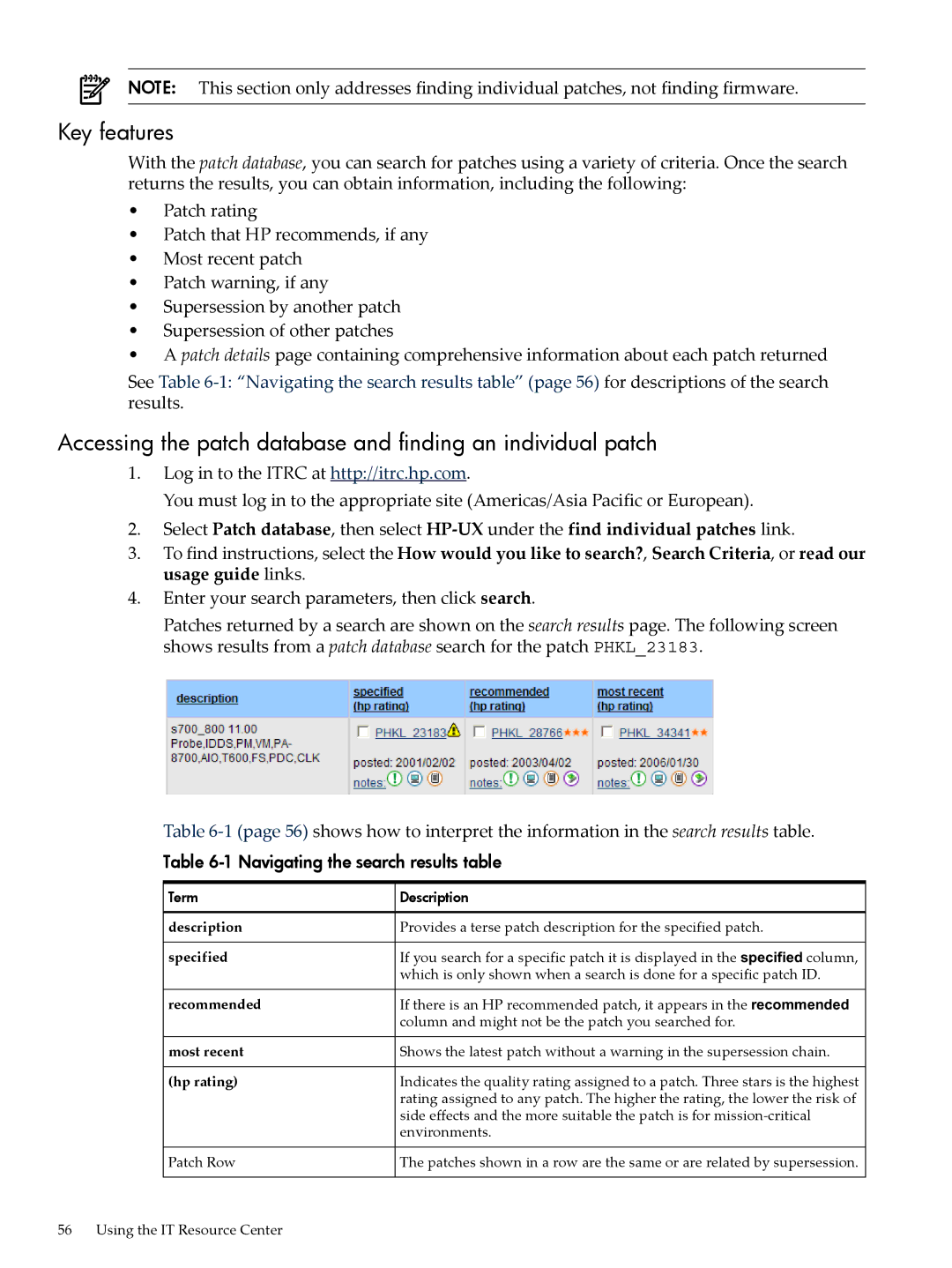 HP UX Patch Management manual Key features, Accessing the patch database and finding an individual patch 