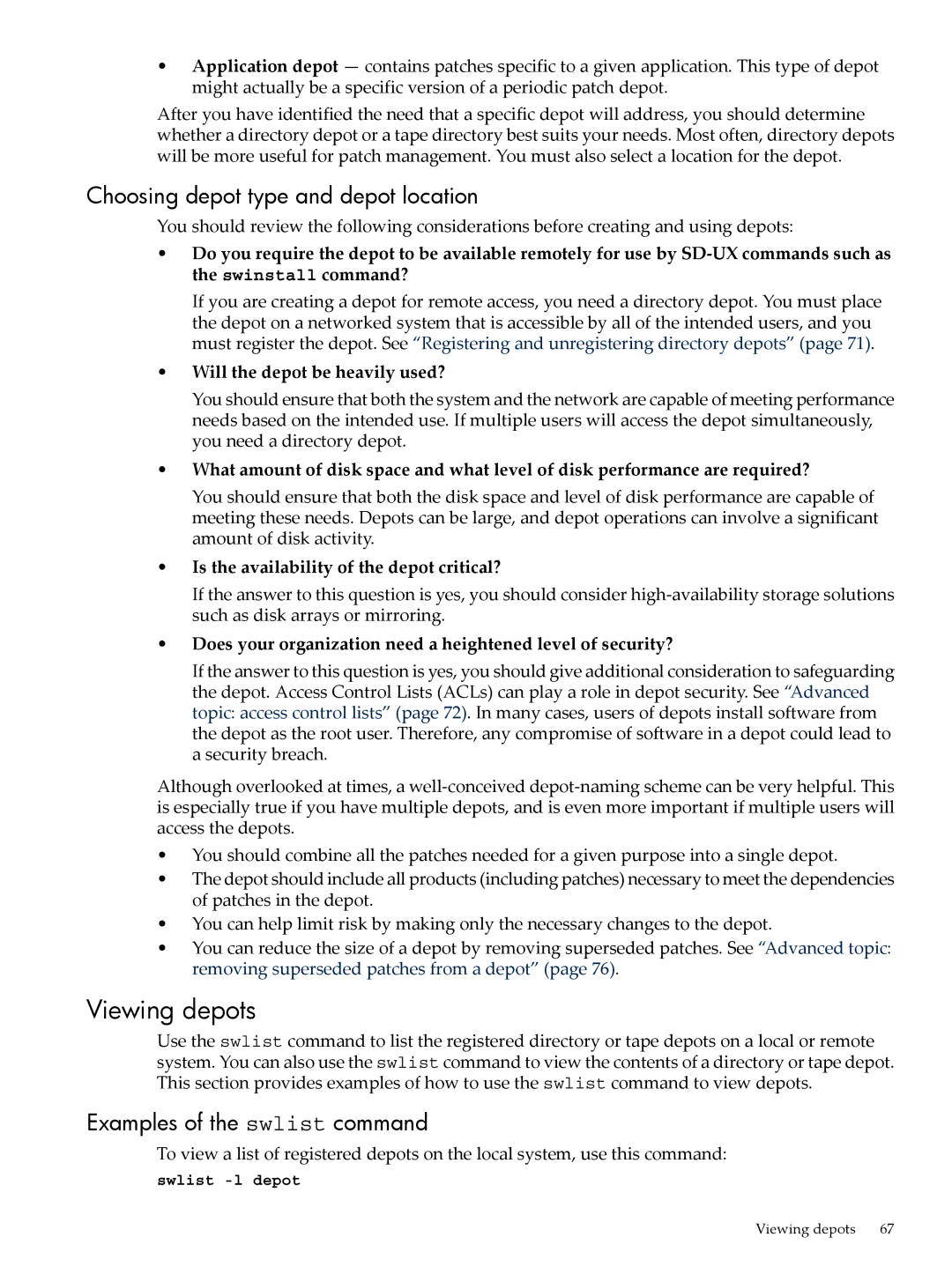 HP UX Patch Management manual Viewing depots, Choosing depot type and depot location, Swlist -l depot 