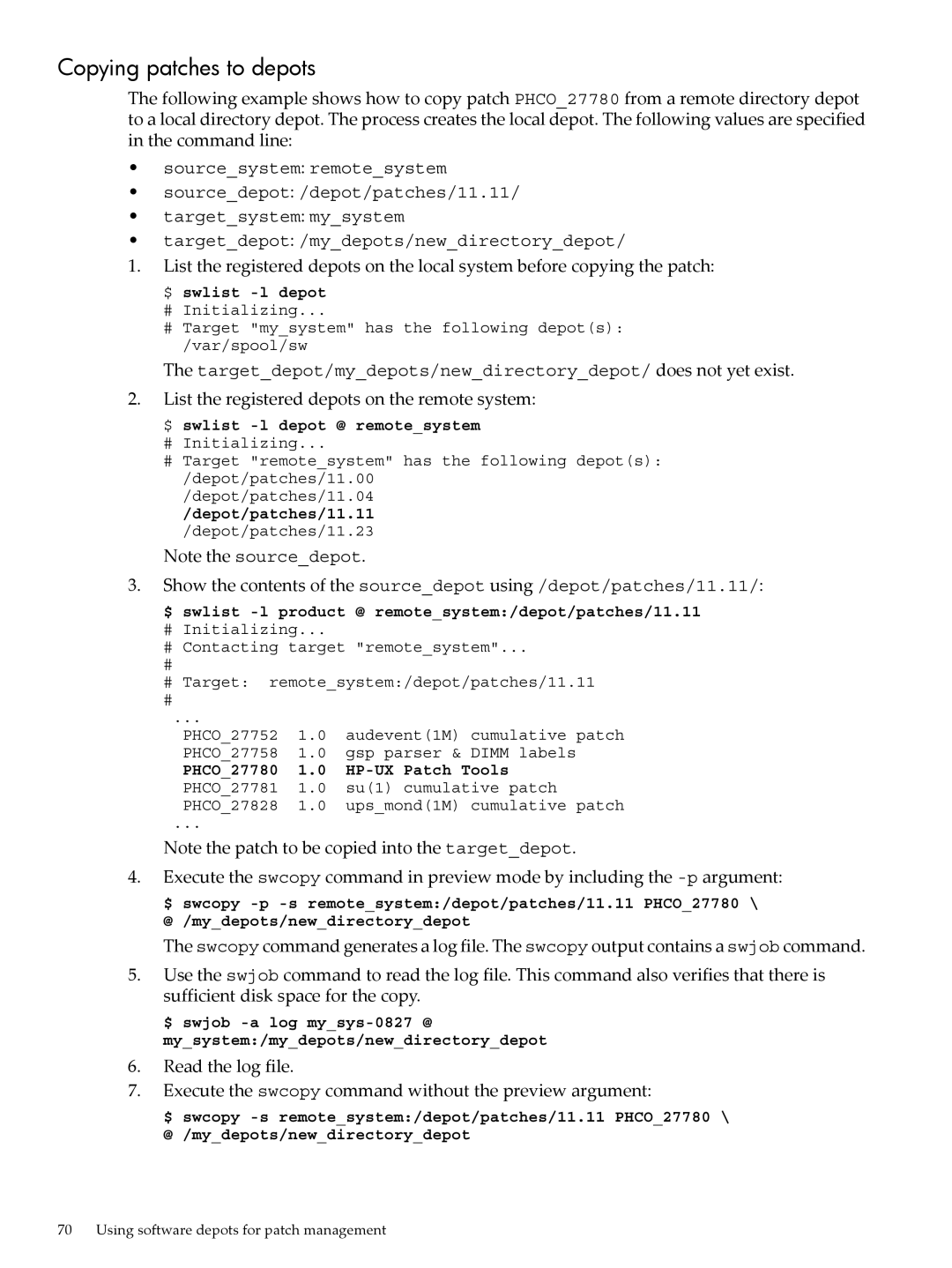 HP UX Patch Management manual Copying patches to depots, Depot/patches/11.11 