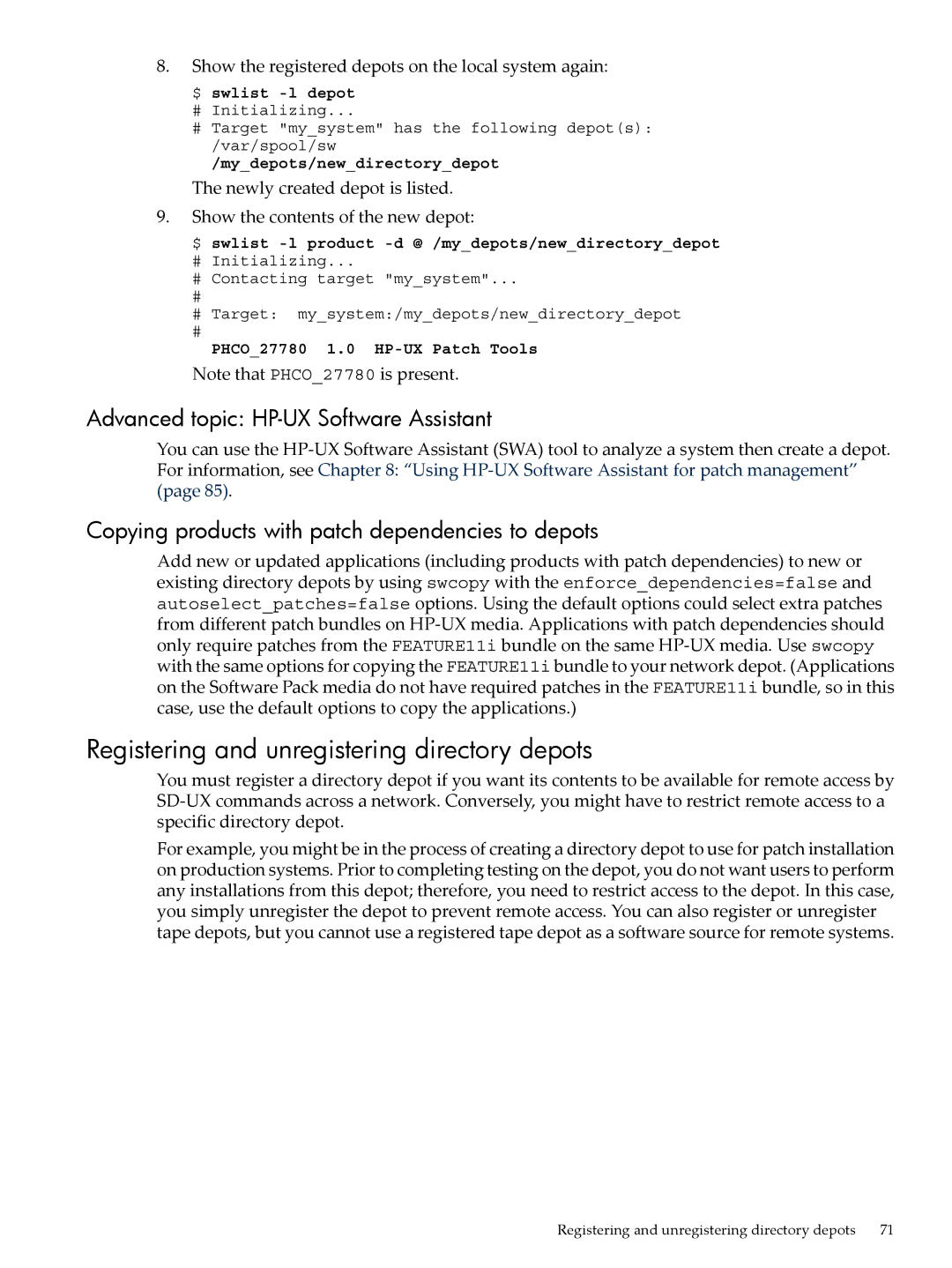 HP UX Patch Management manual Registering and unregistering directory depots, Advanced topic HP-UX Software Assistant 