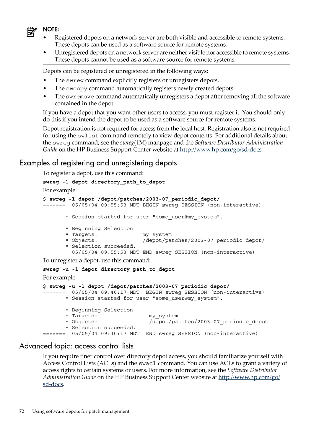 HP UX Patch Management manual Examples of registering and unregistering depots, Advanced topic access control lists 