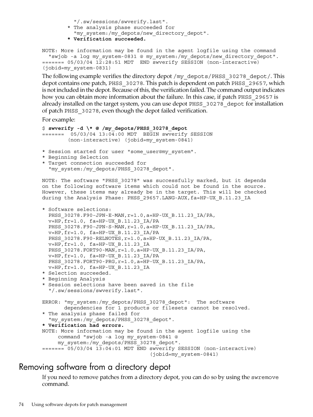 HP UX Patch Management manual Removing software from a directory depot, Verification succeeded, Verification had errors 