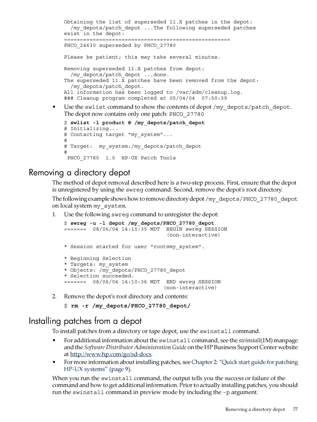 HP UX Patch Management manual Removing a directory depot, Installing patches from a depot 